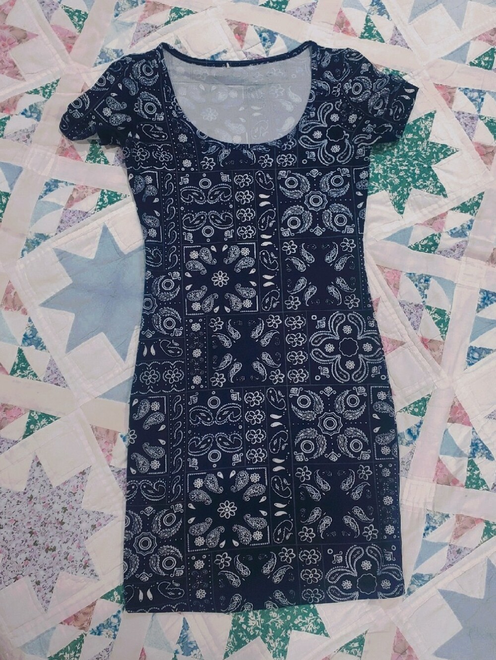 Super Soft Navy White Paisley Patchwork Bandana Print Bodycon Boat Neck Dress